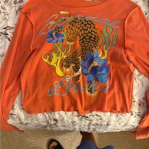 Urban Outfitters Orange Long Sleeve Tee with Leopard Design